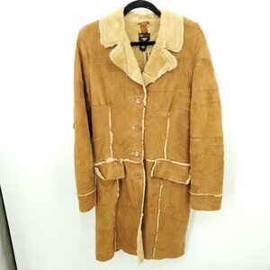VTG Y2K The Bomb Leather Shearling Patchwork Long Line Jackets M Tan/Cream